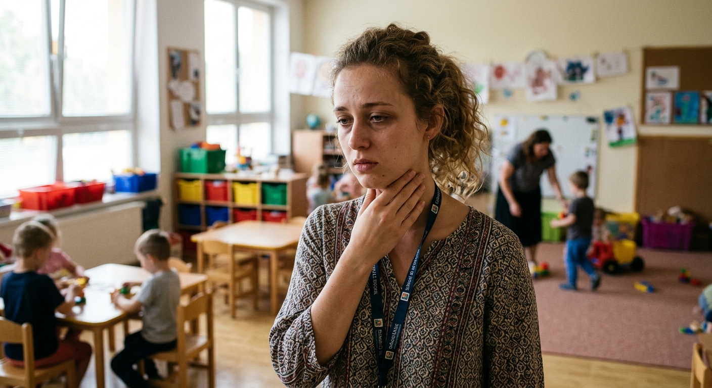 גננת עייפה וחולה מחזיקה את גרונה בתוך כיתת גן ילדים בזמן שהילדים משחקים ברקע